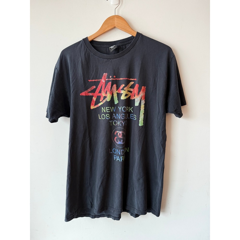 Stussy World Tour T-Shirt Black Rainbow Gradient Graphic Mens Large